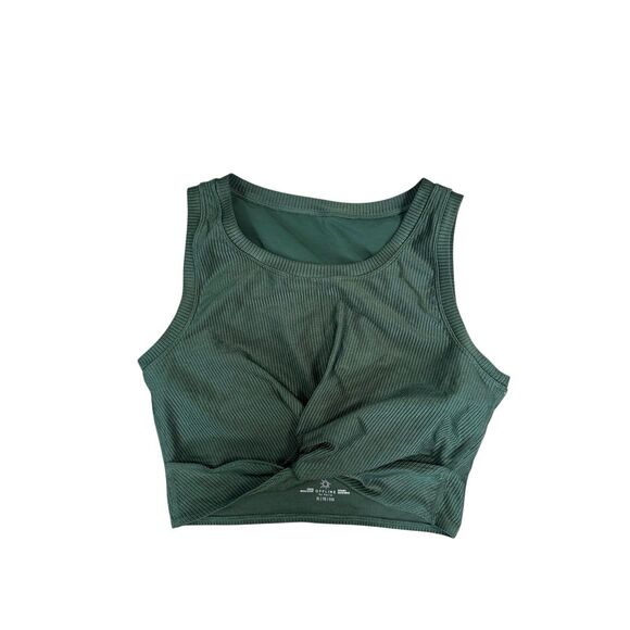 offline aerie Ribbed Shine Twist Front Sports Bra stretch crop top green XL - Picture 2 of 10